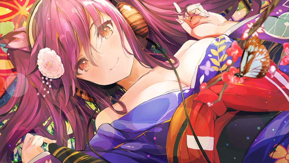 1girl animal_ears ashigara_(azur_lane) azur_lane branch breasts bug butterfly cleavage collarbone commentary_request flower headphones insect japanese_clothes kimono long_hair looking_at_viewer medium_breasts portrait purple_hair smile solo tetsujin_momoko twintails yellow_eyes yukata