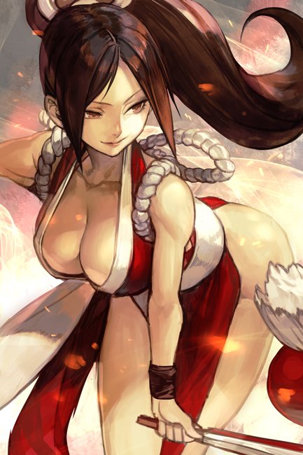 1girl ass bent_over breasts brown_eyes brown_hair cleavage closed_fan collarbone fan fatal_fury folding_fan hankuri high_ponytail holding holding_fan japanese_clothes large_breasts leaning_forward legs long_hair ninja pelvic_curtain ponytail revealing_clothes rope shiranui_mai smile the_king_of_fighters