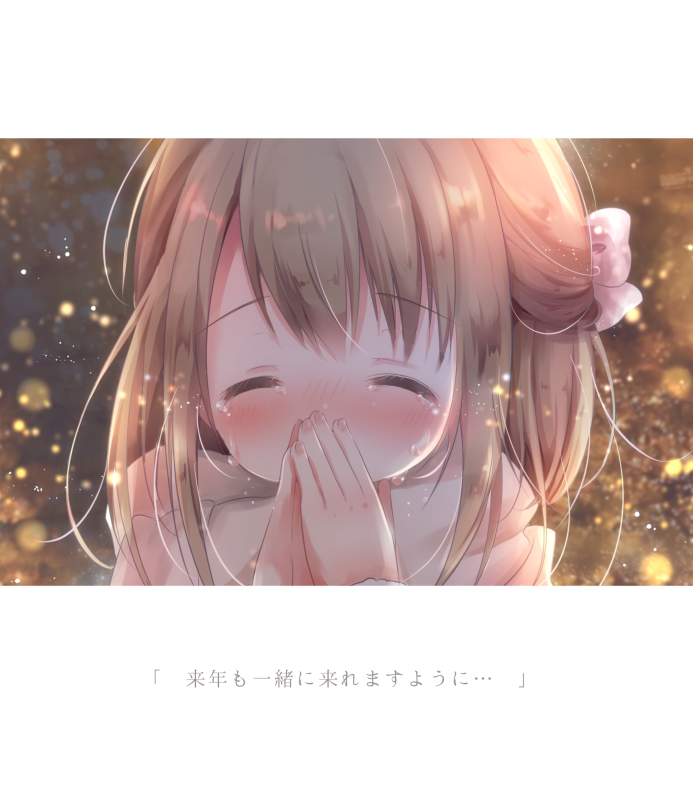 1girl bangs blurry blurry_background blush bow closed_eyes covered_mouth crying depth_of_field eyebrows_visible_through_hair facing_viewer fingernails hair_between_eyes hair_bow hands_up light_brown_hair long_hair nose_blush original own_hands_together pink_bow rin_(fuwarin) scarf solo tears translation_request white_scarf
