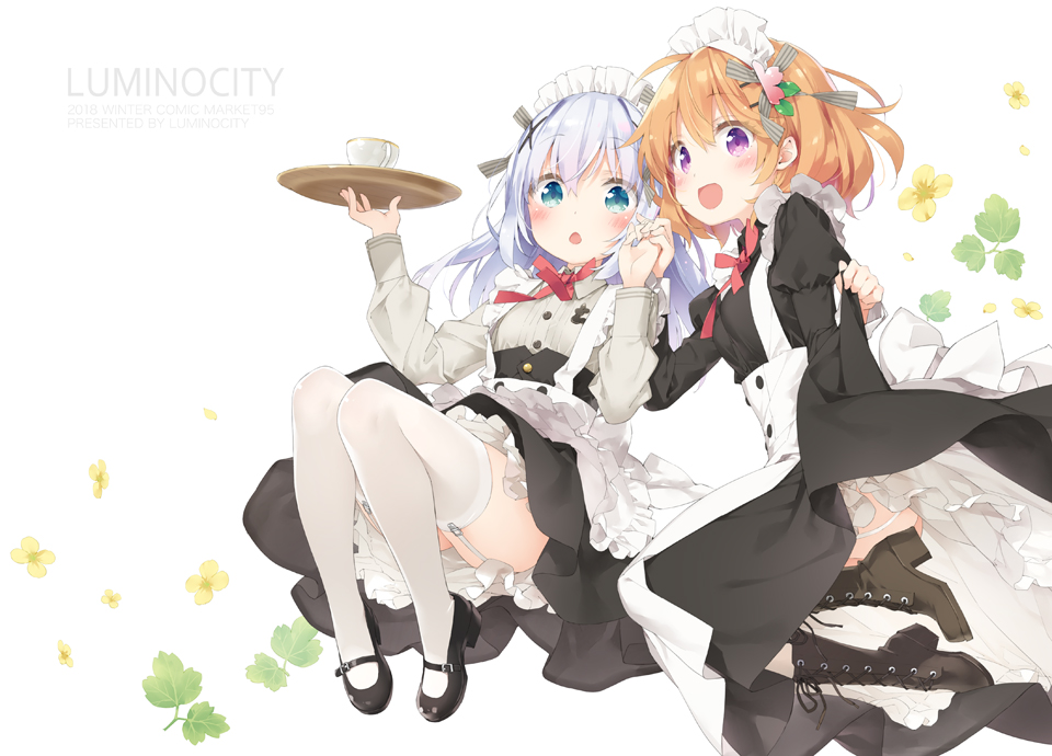 2girls :d :o alternate_costume black_footwear boots circle_name cross-laced_footwear cup enmaided garter_straps gochuumon_wa_usagi_desu_ka? green_eyes hair_between_eyes hair_ornament hand_holding high_heel_boots high_heels hoto_cocoa kafuu_chino knee_boots lavender_hair long_hair long_sleeves maid maid_headdress multiple_girls open_mouth orange_hair peko shoes short_hair skirt_hold smile thigh-highs tray violet_eyes white_legwear x_hair_ornament