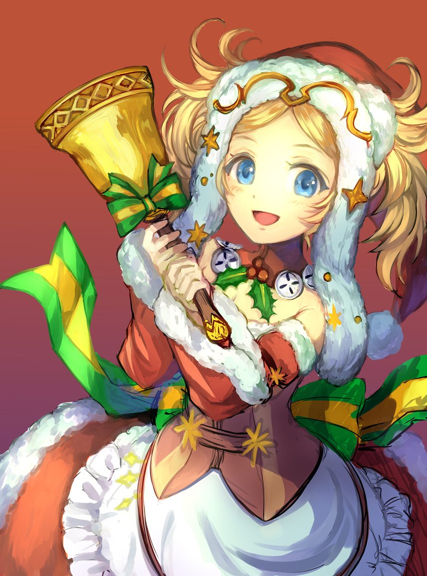 1girl bell blonde_hair blue_eyes bow detached_sleeves dress fire_emblem fire_emblem:_kakusei fire_emblem_heroes fur_trim handbell hat jurge liz_(fire_emblem) nintendo open_mouth pom_pom_(clothes) red_hat ribbon santa_hat simple_background solo twintails