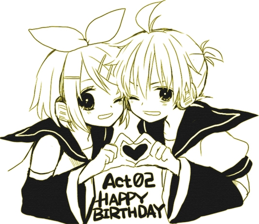 1boy 1girl ;d ahoge anzu_(o6v6o) brother_and_sister detached_sleeves english_text hair_ornament hair_ribbon hairpin happy_birthday headphones heart heart_hands heart_hands_duo kagamine_len kagamine_rin monochrome one_eye_closed open_mouth ribbon school_uniform serafuku short_hair short_ponytail siblings smile twins upper_body vocaloid