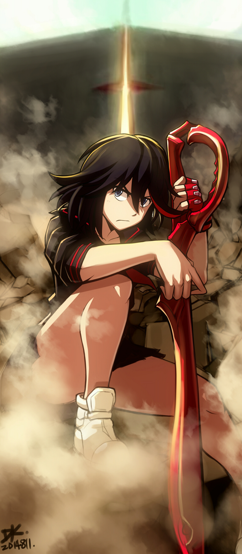 1girl 2014 aku_no_inu black_hair black_sailor_collar black_shirt black_skirt blue_eyes dust hair_between_eyes highres holding holding_weapon kill_la_kill long_hair looking_at_viewer matoi_ryuuko miniskirt outdoors pleated_skirt sailor_collar scissor_blade shirt sitting skirt solo weapon white_footwear