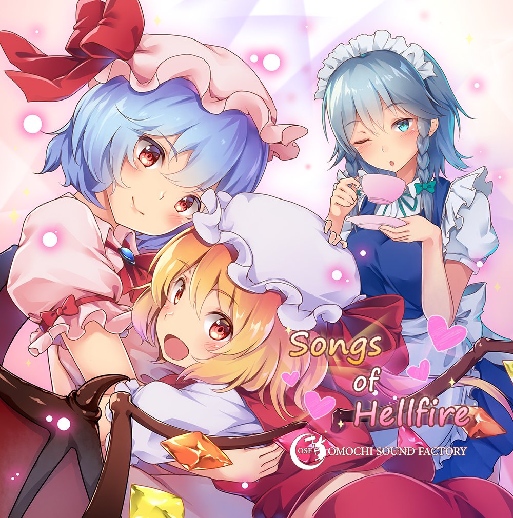 3girls ;o apron ascot bangs bat_wings bit_(keikou_syrup) blonde_hair blue_dress blue_eyes blue_hair blush bow braid breasts brooch commentary_request cowboy_shot crystal cup dish dress eyebrows_visible_through_hair flandre_scarlet from_behind green_bow green_ribbon hair_between_eyes hair_bow hand_on_another's_head hands_up hat hat_bow head_tilt heart holding holding_cup izayoi_sakuya jewelry looking_at_viewer looking_back maid maid_apron maid_headdress medium_breasts midriff_peek mob_cap multiple_girls neck_ribbon one_eye_closed parted_lips pink_dress pink_hat puffy_short_sleeves puffy_sleeves red_bow red_eyes red_neckwear red_skirt red_vest remilia_scarlet ribbon shirt short_hair short_sleeves siblings silver_hair sisters skirt skirt_set sparkle standing teacup touhou twin_braids vest waist_apron white_apron white_hat white_shirt wing_collar wings