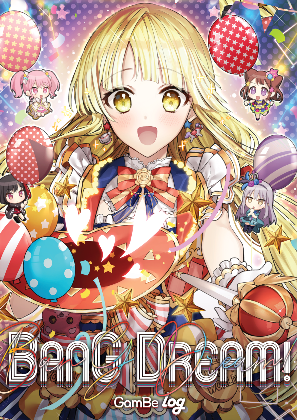 5girls :d artist_name balloon bang_dream! bangs black_hair blonde_hair blunt_bangs blush bow bowtie brown_hair chibi copyright_name double_bun dress earrings eyebrows_visible_through_hair gambe gloves grey_hair hairband hat hat_removed headwear_removed highres holding holding_hat jewelry long_hair looking_at_viewer maruyama_aya michelle_(bang_dream!) minato_yukina mitake_ran multicolored_hair multiple_girls open_mouth pink_eyes pink_hair red_neckwear smile star streaked_hair top_hat toyama_kasumi tsurumaki_kokoro twintails violet_eyes wand white_gloves yellow_eyes