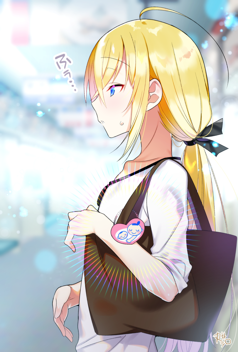 1boy akemaru androgynous bishounen blonde_hair blue_eyes eyebrows_visible_through_hair hair_between_eyes hair_ribbon highres long_hair male_focus male_pregnancy mama_(akemaru) original ponytail ribbon solo sweatdrop trap