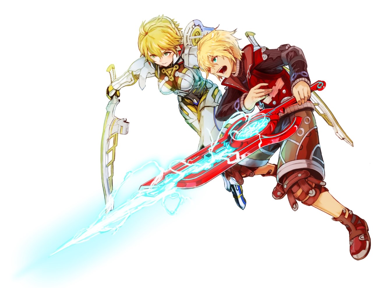 1boy 1girl armor blonde_hair blue_eyes breasts cyborg dual_wielding fiorun full_body gloves green_eyes holding monado nintendo open_mouth seigetsu_kotaku short_hair shulk simple_background spoilers sword weapon white_background xenoblade_(series) xenoblade_1