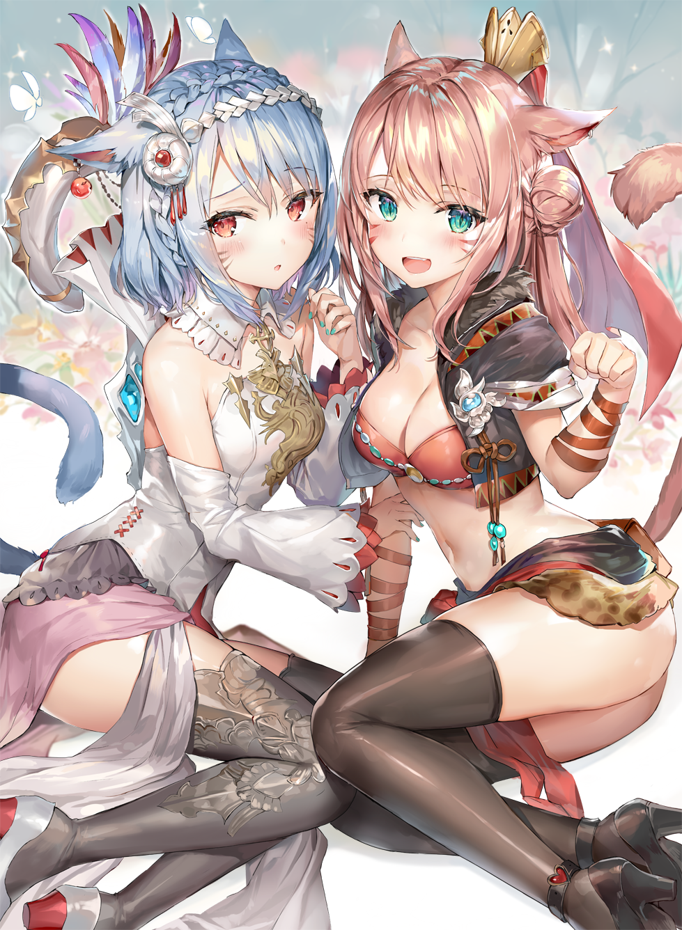 2girls :d animal_ears aqua_eyes aqua_nails arm_support ass bandage bandaged_arm bandages bangs bare_shoulders black_footwear black_jacket black_legwear blonde_hair blue_hair blush braid breasts cat_ears cat_tail cleavage collarbone cropped_jacket detached_collar detached_sleeves eyebrows_visible_through_hair facial_mark feathers final_fantasy final_fantasy_xiv grey_legwear hair_bun hair_feathers hair_ornament hand_up heart high_heels highres jacket jewelry long_hair long_sleeves looking_at_viewer medium_breasts miniskirt miqo'te momoko_(momopoco) multiple_girls nail_polish navel open_clothes open_jacket open_mouth parted_lips paw_pose pelvic_curtain pink_bikini_top pink_hair pink_skirt red_eyes shirt shoes short_hair side_bun sidelocks silver_hair sitting skirt slit_pupils small_breasts smile stomach tail thigh-highs upper_teeth white_shirt wide_sleeves yokozuwari