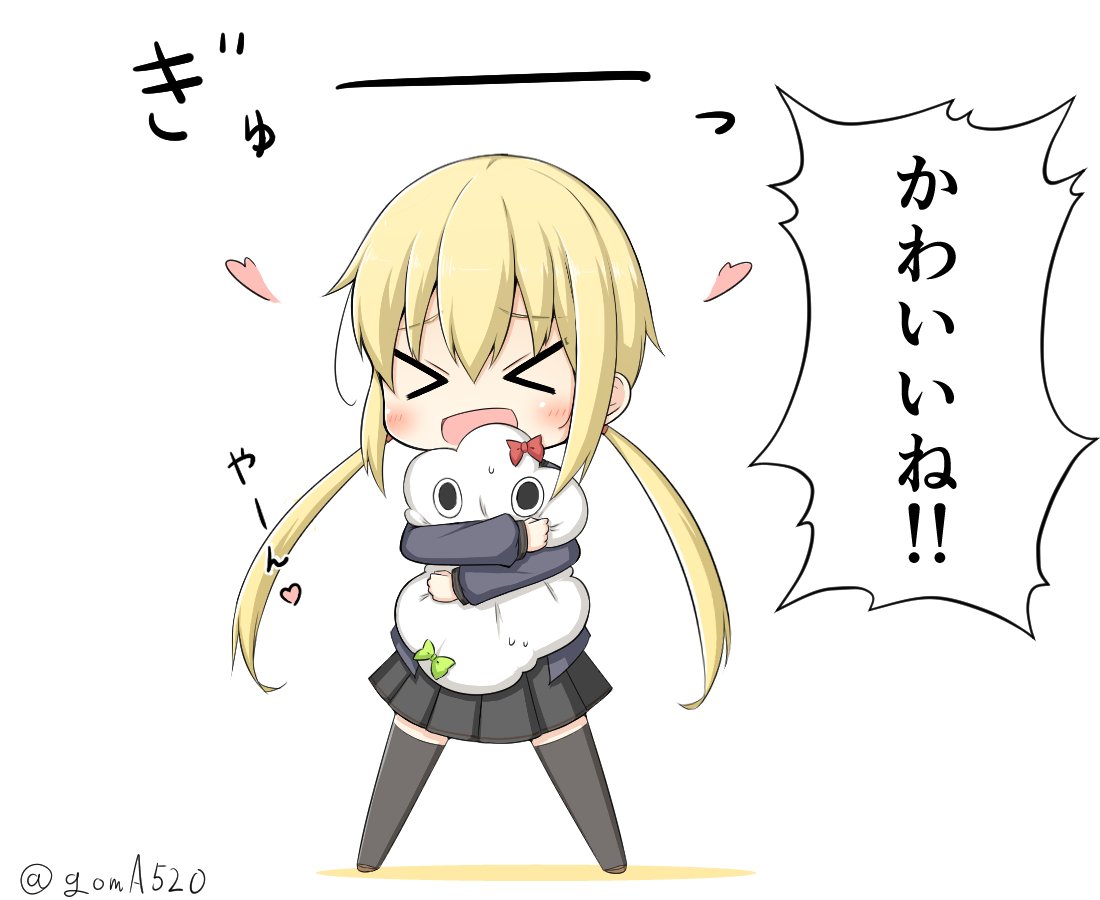 &gt;_&lt; 1girl 1other black_legwear blonde_hair blue_jacket chibi closed_eyes commentary_request full_body goma_(yoku_yatta_hou_jane) hug jacket kantai_collection long_hair long_sleeves low_twintails miss_cloud open_mouth remodel_(kantai_collection) satsuki_(kantai_collection) simple_background smile standing thigh-highs translation_request twintails twitter_username white_background