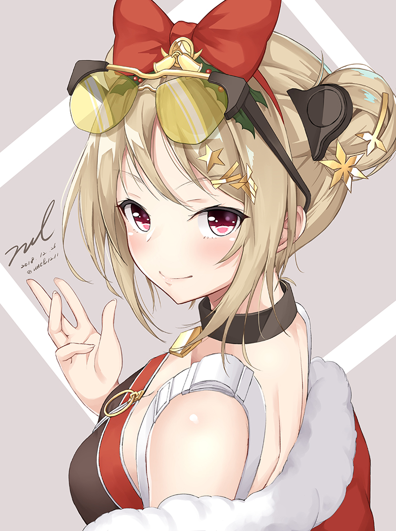 1girl alternate_costume bangs blush breasts choker dated double_bun eyewear_on_head from_side fur_trim girls_frontline hair_ornament hairband hand_up jacket looking_at_viewer medium_breasts off_shoulder p90_(girls_frontline) red_eyes signature smile solo sunglasses twitter_username unel