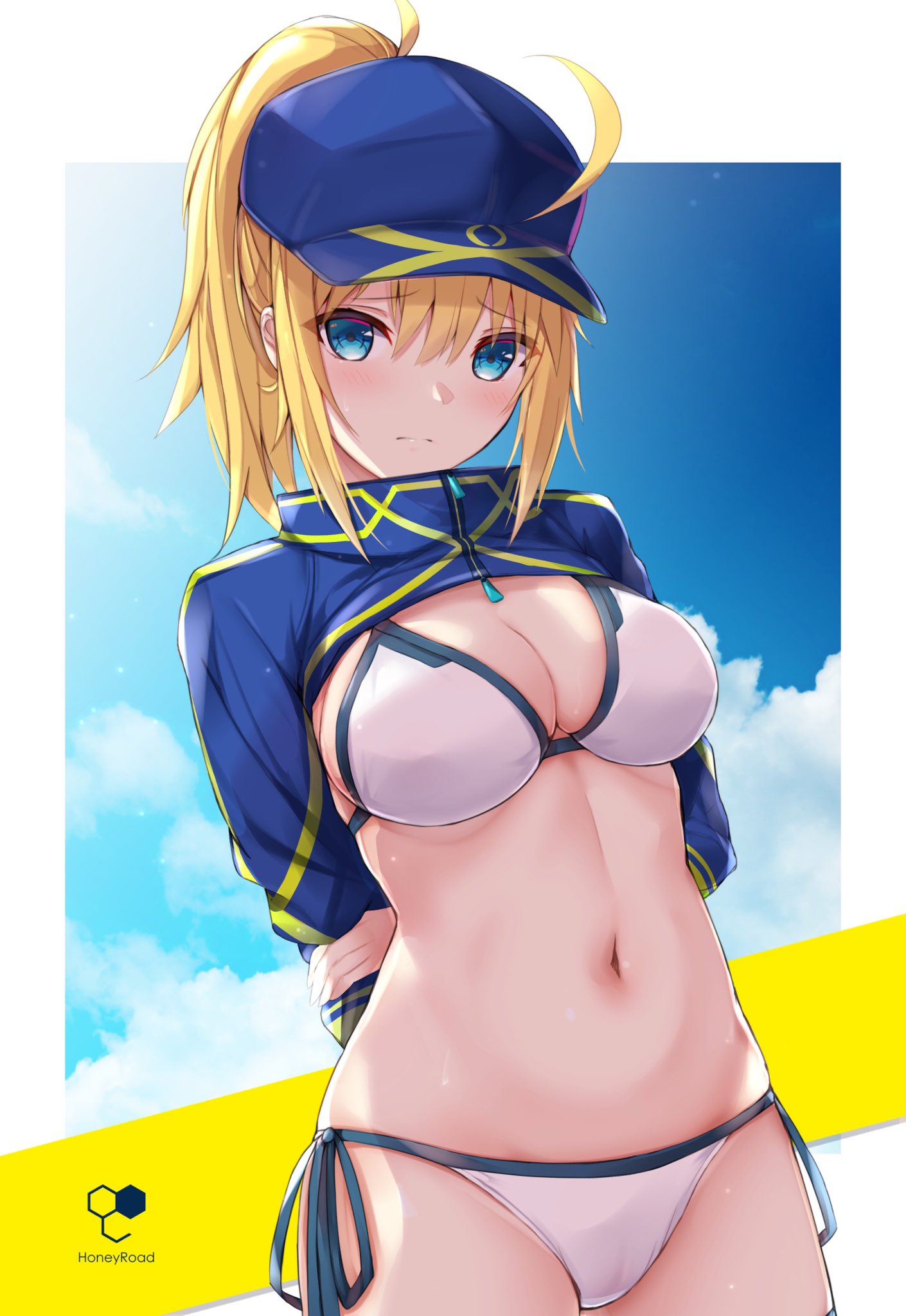 1girl ahoge artoria_pendragon_(all) baseball_cap bee_doushi bikini blonde_hair blue_eyes blue_hat blush breasts cleavage closed_mouth clouds cloudy_sky cowboy_shot day dutch_angle eyebrows_visible_through_hair fate/grand_order fate_(series) hair_between_eyes hair_through_headwear hat highres large_breasts logo long_hair looking_at_viewer mysterious_heroine_xx_(foreigner) navel outdoors ponytail shrug_(clothing) side-tie_bikini sidelocks sky solo standing striped striped_background swimsuit white_bikini