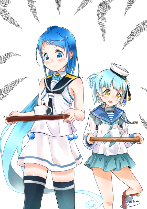 2girls artist_name blue_hair blush coffee coffee_mug commentary_request cup dixie_cup_hat double_bun dress hat kantai_collection long_hair military_hat mug multiple_girls namesake open_mouth sailor_dress samidare_(kantai_collection) samuel_b._roberts_(kantai_collection) simple_background sleeveless thigh-highs trait_connection tray white_background yellow_eyes yokoshima_(euphoria)