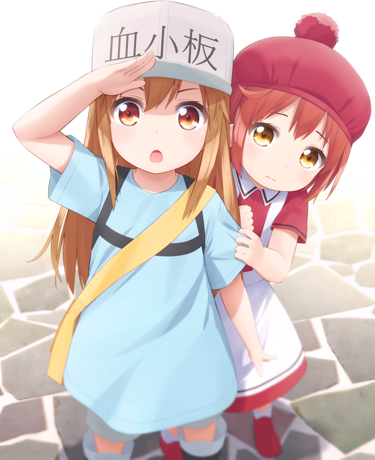 2girls :o ae-3803 apron arm_up bag bangs beret black_footwear blue_shirt boots brown_eyes character_name closed_mouth clothes_writing collared_shirt commentary_request erythroblast_(hataraku_saibou) eyebrows_visible_through_hair flat_cap hair_between_eyes haribote_(tarao) hat hataraku_saibou light_brown_hair long_hair multiple_girls open_mouth platelet_(hataraku_saibou) red_footwear red_hat red_shirt red_skirt redhead salute shirt shoes short_sleeves shoulder_bag skirt standing very_long_hair white_apron white_hat