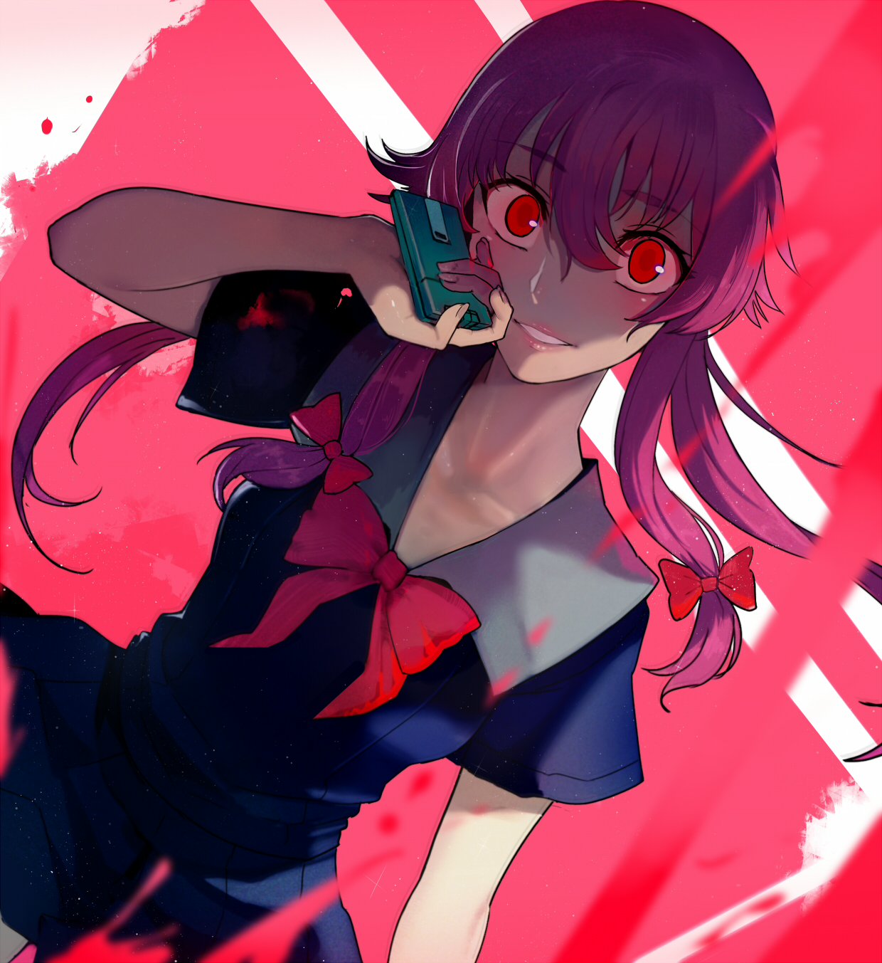 1girl bow cellphone commentary_request dress gasai_yuno hair_between_eyes hair_bow hand_up highres holding holding_phone long_hair looking_at_viewer mirai_nikki phone pink_hair ponytail red_eyes sailor_dress school_uniform short_sleeves sidelocks smile solo splatter upper_body walzrj wide-eyed