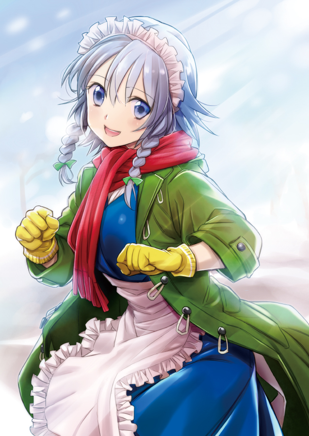 1girl apron blue_eyes blue_skirt blue_sky blue_vest blurry braid clenched_hands coat commentary_request contrapposto cowboy_shot day depth_of_field eyebrows_visible_through_hair gloves green_coat hair_between_eyes hair_ribbon head_tilt izayoi_sakuya leaning_forward light_rays looking_at_viewer maid_headdress open_clothes open_coat open_mouth outdoors primary_stage red_scarf ribbon scarf short_hair silver_hair skirt sky smile solo sunbeam sunlight touhou tress_ribbon twin_braids upper_teeth vest waist_apron winter_clothes winter_coat yellow_gloves
