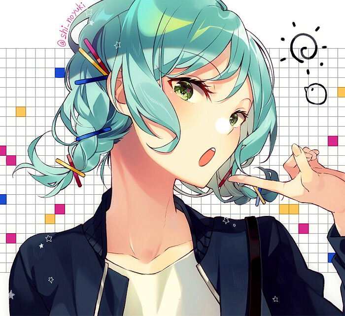 1girl :o alternate_hairstyle aqua_hair bang_dream! bangs blue_jacket braid collarbone commentary_request green_eyes grid_background hair_ornament hairpin hikawa_hina jacket long_sleeves looking_at_viewer open_mouth pointing pointing_at_self shi_noyuki short_hair solo star twin_braids twitter_username upper_body