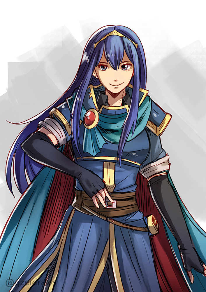 1girl armor blue_hair breastplate cape fingerless_gloves fire_emblem fire_emblem:_ankoku_ryuu_to_hikari_no_tsurugi fire_emblem:_mystery_of_the_emblem fire_emblem:_shin_ankoku_ryuu_to_hikari_no_tsurugi fire_emblem:_shin_monshou_no_nazo gloves intelligent_systems long_hair looking_at_viewer marth marth_(cosplay) nintendo pauldrons sheeda smile solo