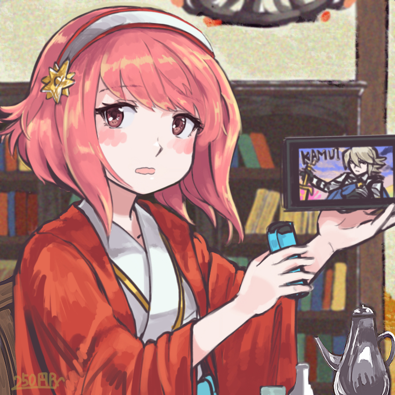 1girl 250en_remon blush book bookshelf english_text fire_emblem fire_emblem_heroes fire_emblem_if hairband holding indoors intelligent_systems japanese_clothes joy-con kimono looking_at_viewer my_unit_(fire_emblem_if) nintendo nintendo_switch nintendo_switch_controller pink_eyes pink_hair sakura_(fire_emblem_if) screen solo sora_(company) super_smash_bros. super_smash_bros._ultimate teapot wavy_mouth wide_sleeves yukata