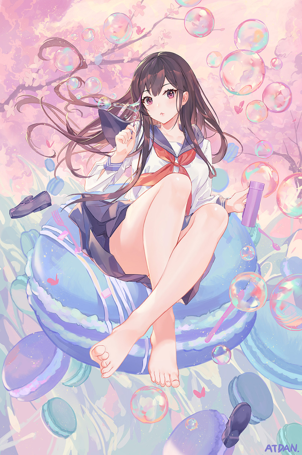 1girl ass atdan bangs bare_legs barefoot blue_sailor_collar blue_skirt blush breasts brown_hair bubble bubble_blowing bubble_pipe cherry_blossoms floating_hair food full_body hand_up head_tilt highres holding knees_up loafers long_hair long_sleeves looking_at_viewer macaron medium_breasts miniskirt neckerchief original parted_lips red_eyes red_neckwear sailor_collar school_uniform serafuku shirt shoes shoes_removed sidelocks sitting skirt solo thighs tree_branch white_shirt