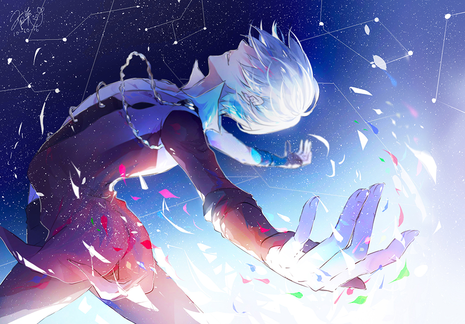 1boy 2016 akihiro821 blurry confetti constellation dated depth_of_field fingernails hair_over_eyes light_smile long_sleeves male_focus outstretched_arms short_hair signature sky smile star_(sky) starry_sky viktor_nikiforov white_hair yuri!!!_on_ice