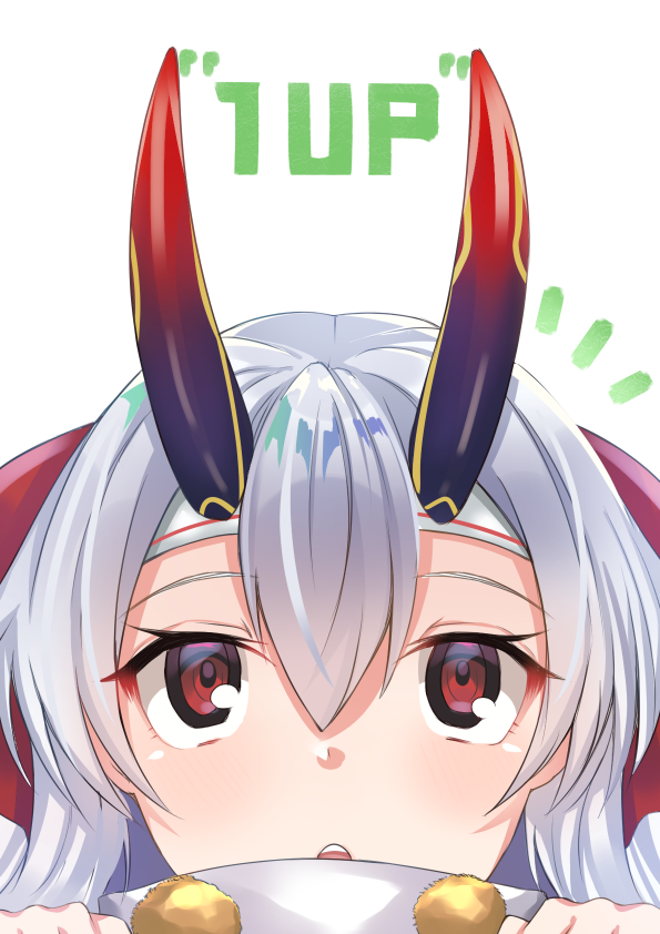 1girl 1up bow commentary_request eyelashes fate/grand_order fate_(series) hair_between_eyes hair_bow head_only headband horns horns_through_headwear looking_up oni_horns open_mouth parody red_bow red_eyes red_horns silver_hair solo surprised tapioka_(oekakitapioka) tomoe_gozen_(fate/grand_order) white_background