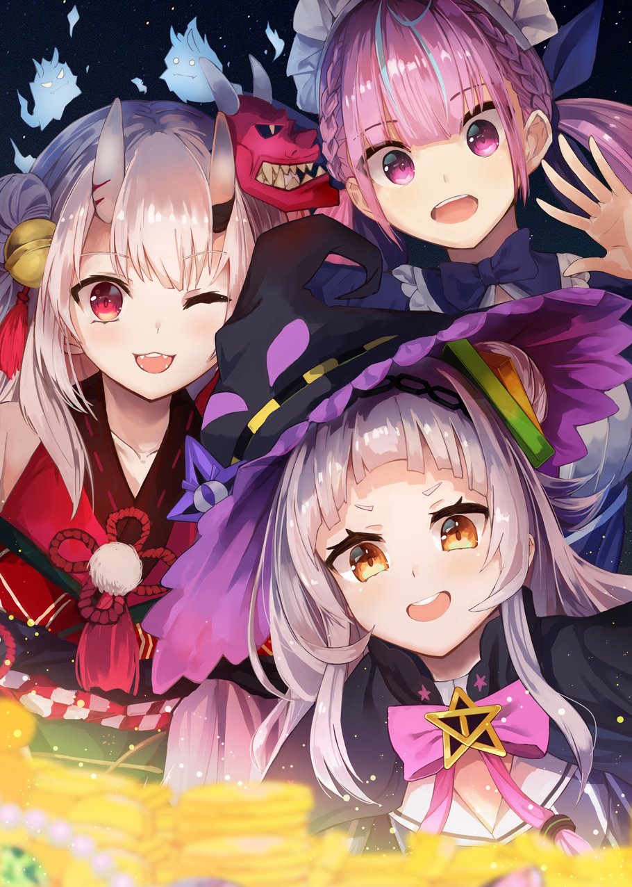 3girls :d ;d bangs bell blue_bow blurry blurry_foreground bow braid brown_eyes capelet coin collarbone commentary_request depth_of_field eyebrows_visible_through_hair ghost gold hair_bell hair_bun hair_ornament hands hat highres hololive horns japanese_clothes jingle_bell kimono konkito long_hair looking_at_viewer low_twintails maid_headdress mask mask_on_head minato_aqua multicolored_hair multiple_girls murasaki_shion nakiri_ayame one_eye_closed oni oni_horns oni_mask open_mouth pink_bow pink_hair purple_hair red_eyes red_kimono ribbon round_teeth sidelocks silver_hair simple_background smile star teeth treasure twintails upper_teeth v-shaped_eyebrows violet_eyes virtual_youtuber witch_hat