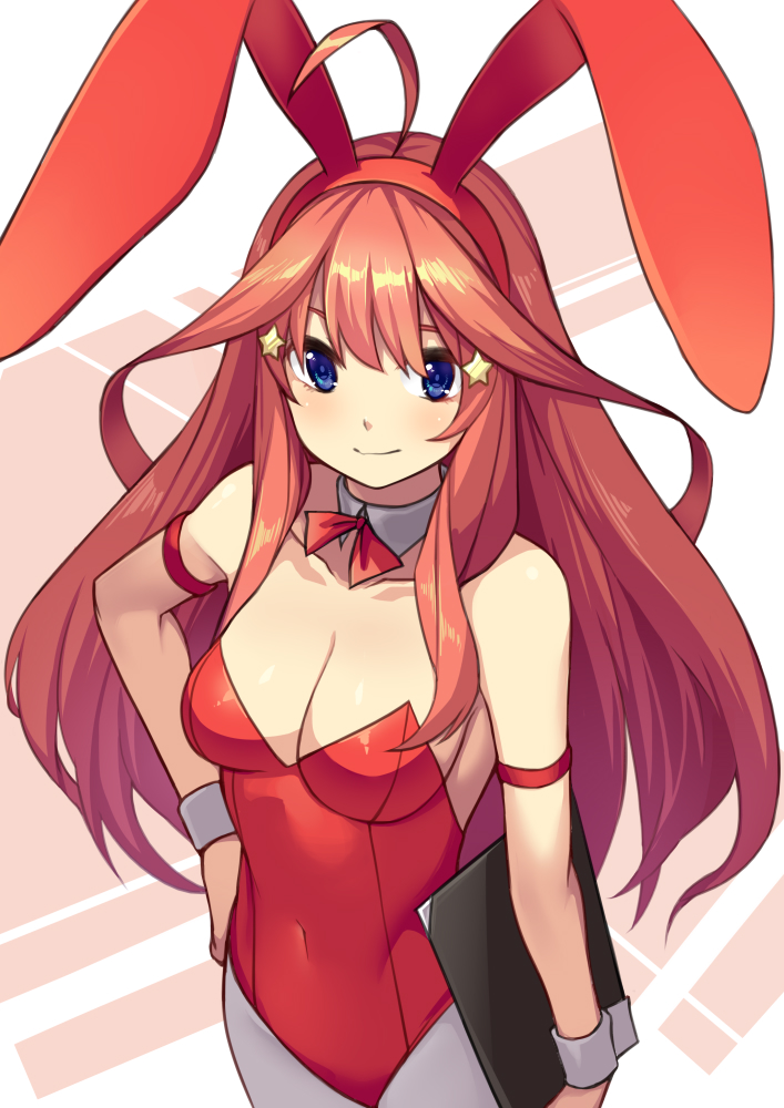 1girl ahoge animal_ears bangs bare_shoulders blue_eyes blush breasts brown_hair cleavage closed_mouth commentary_request covered_navel fake_animal_ears go-toubun_no_hanayome grey_legwear hair_between_eyes hair_ornament hairband hand_on_hip leotard long_hair looking_at_viewer medium_breasts nakano_itsuki official_art pantyhose rabbit_ears red_hairband red_leotard saiste smile solo star star_hair_ornament strapless strapless_leotard very_long_hair wrist_cuffs