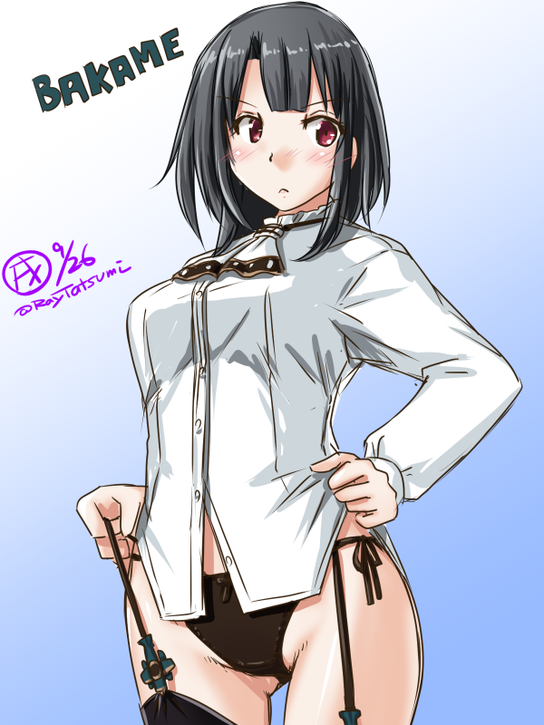 1girl ascot black_hair black_panties blue_background breasts cowboy_shot dress_shirt garter_straps gradient gradient_background hand_on_hip kantai_collection large_breasts looking_to_the_side no_jacket no_pants panties red_eyes romaji_text shirt short_hair side-tie_panties solo takao_(kantai_collection) tatsumi_ray translation_request underwear white_background white_shirt