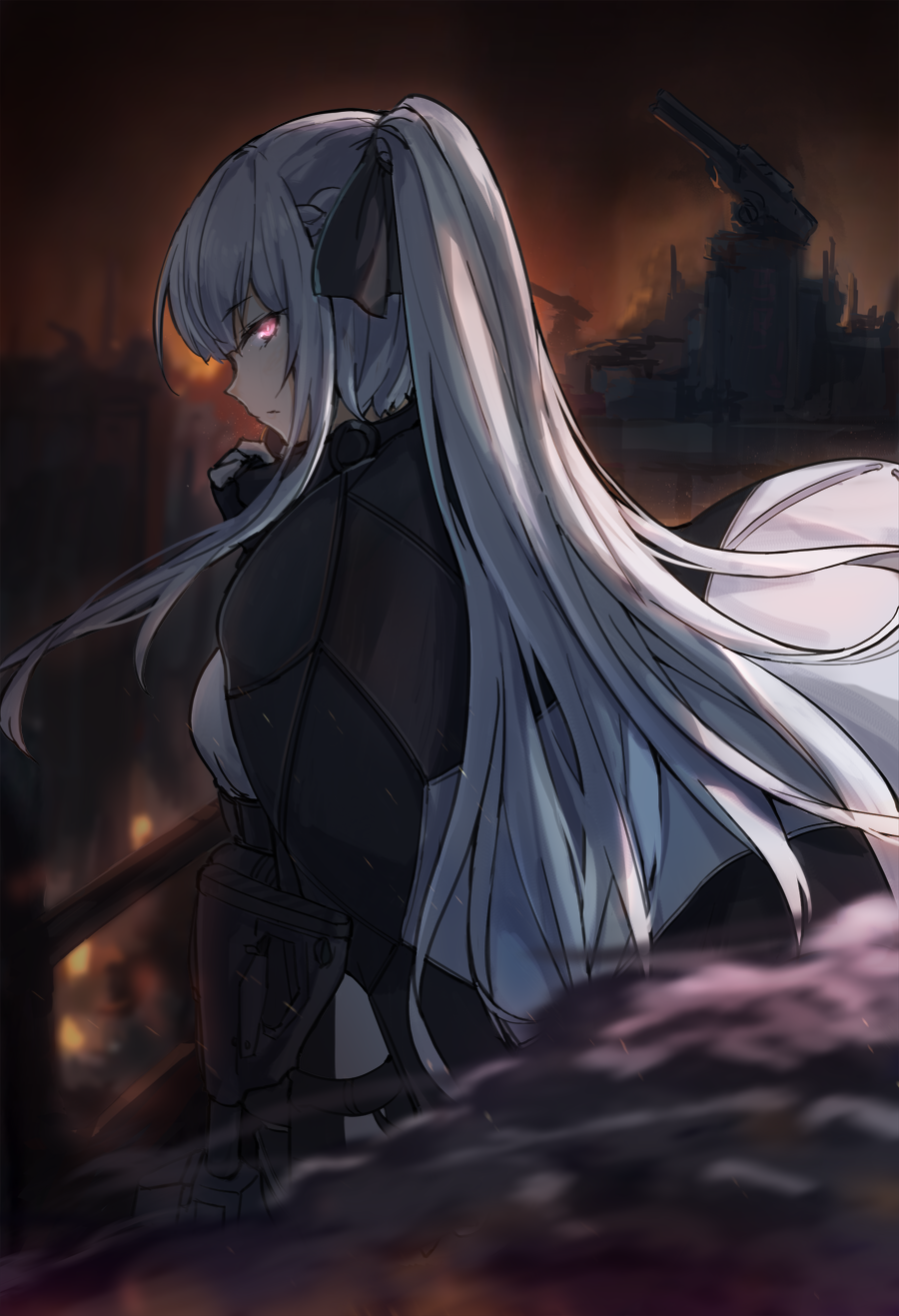 1girl ak-12 ak-12_(girls_frontline) bangs black_gloves braid cape closed_mouth eyebrows_visible_through_hair fingerless_gloves floating french_braid girls_frontline gloves glowing glowing_eye gun highres holding holding_gun holding_weapon jacket long_hair long_sleeves looking_at_viewer mag_(mag42) outdoors ponytail ribbon sidelocks silver_hair simple_background solo standing very_long_hair violet_eyes weapon