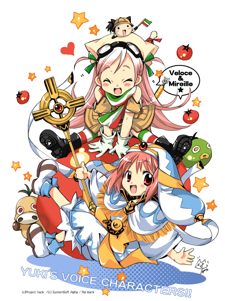 .hack//tasogare_no_udewa_densetsu 2girls :d ^_^ animal_ears animal_hat blush boots cat cat_ears chibi closed_eyes crossover fang flag fork gloves goggles grunty habit hair_ribbon happy hat heart izumi_rei jewelry l3_(tank) long_hair looking_back mecha_musume mireille moe_moe_niji_taisen moe_moe_niji_taisen_deluxe moe_moe_niji_taisen_ryaku multiple_girls object_on_head open_mouth pink_hair red_eyes ribbon short_hair short_twintails sitting sitting_on_person smile spread_legs staff star striped striped_legwear thigh-highs thighhighs tomato twintails veloce very_long_hair