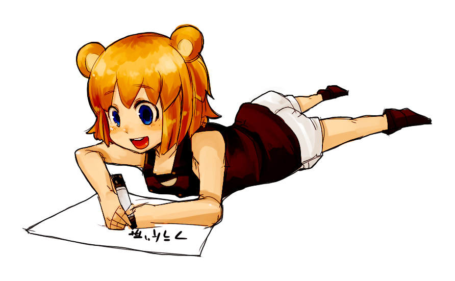 bear_ears blue_eyes happy kuma-tan kumatanchi lying nekotei nekotewi orange_hair red_hair redhead writing