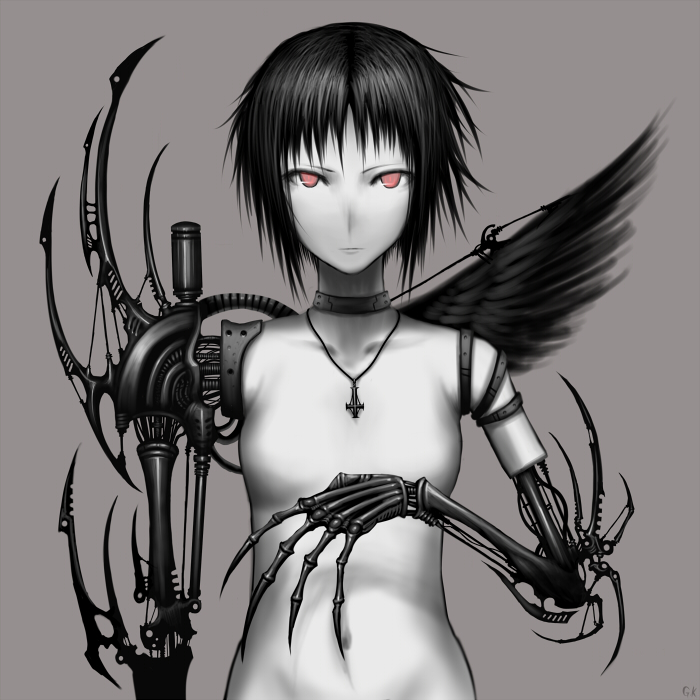 black_hair black_wings choker gia jewelry necklace pale pale_skin red_eyes robot short_hair skeleton wings