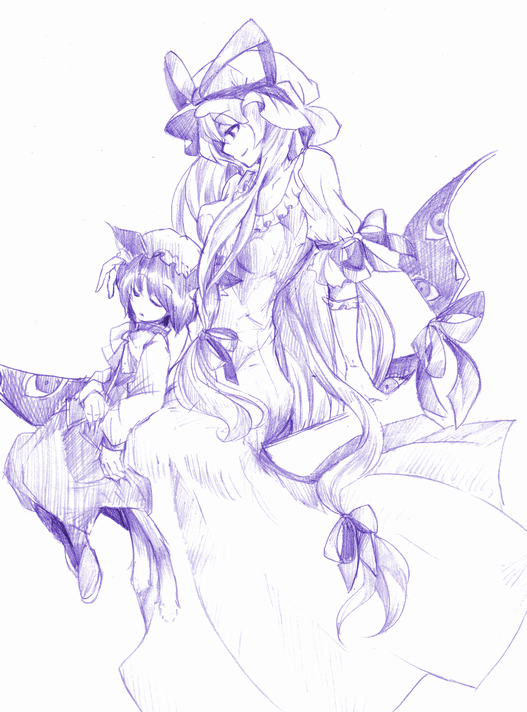 chen fuji_warabi gap hair_ribbon long_hair monochrome multiple_girls purple ribbon short_hair sleeping touhou yakumo_yukari