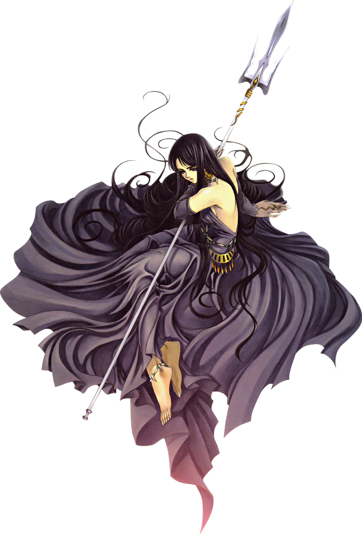 barefoot black_hair dress future_studio_(artist) jewelry necklace pandora_(saint_seiya) polearm purple_eyes saint_seiya trident violet_eyes weapon