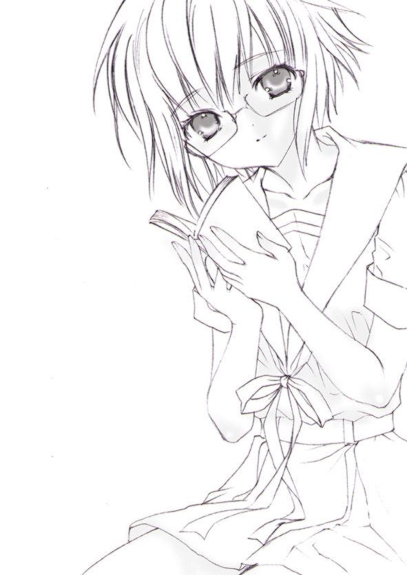 bow glasses monochrome nagato_yuki purple reading school_uniform suzumiya_haruhi_no_yuuutsu