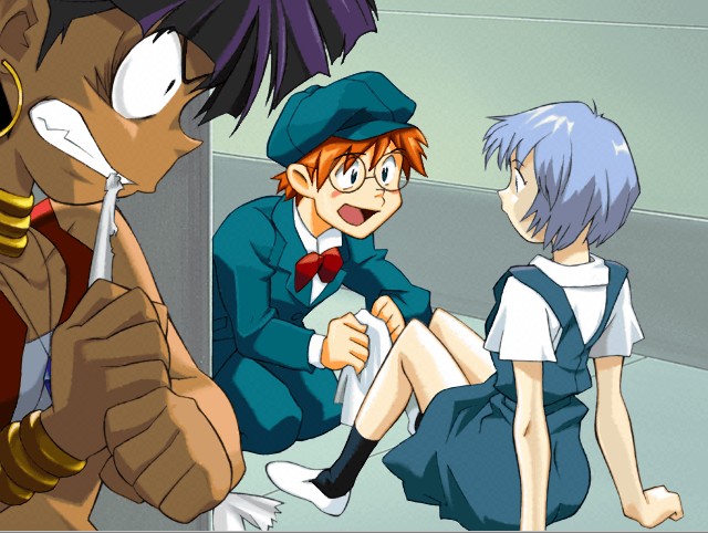 ayanami_rei bandeau blue_hair bowtie bracelet company_connection crossover dark_skin earrings fushigi_no_umi_no_nadia gainax glasses hat jealous jean_coq_de_raltigue jean_roque_raltique jewelry nadia neck_ring neon_genesis_evangelion official_art purple_hair school_uniform short_hair sitting tubetop vest