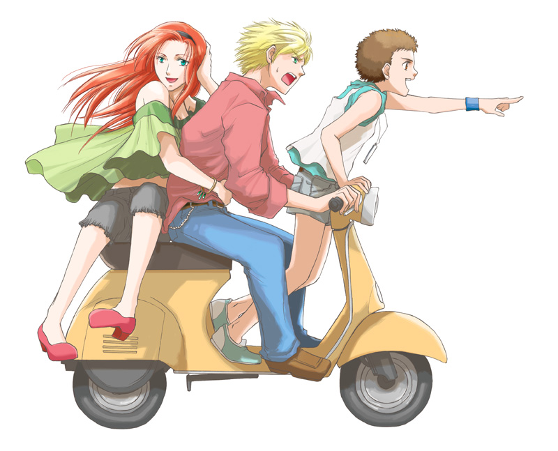 bare_shoulders belt bernard_wiseman blonde_hair bracelet breasts brown_eyes brown_hair capri_pants chain chains christina_mackenzie cleavage green_eyes gundam gundam_0080 hairband jeans jewelry long_hair motor_vehicle open_mouth pointing rain-azel red_hair redhead scooter shirt shoes short_hair short_pants short_shorts shorts sleeveless smile sweatdrop vehicle wristband