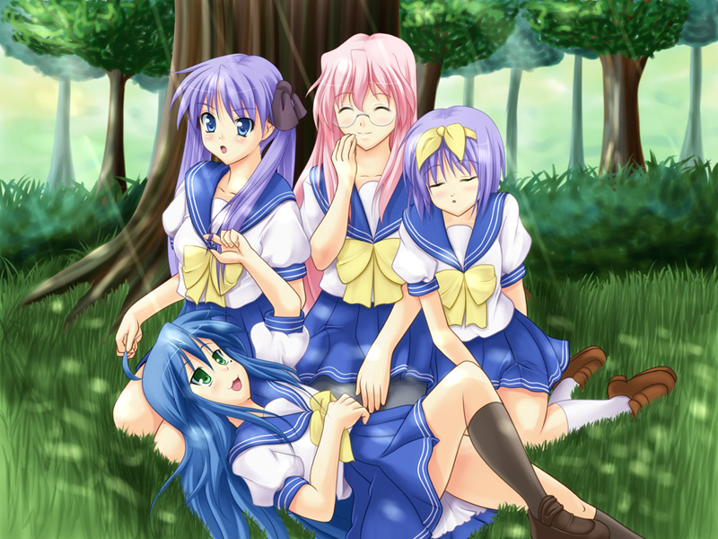 blue_eyes blue_hair closed_eyes glasses green_eyes hiiragi_kagami hiiragi_tsukasa izumi_konata long_hair lucky_star lying nature pink_hair purple_hair school_uniform serafuku short_hair takara_miyuki tree trees twintails