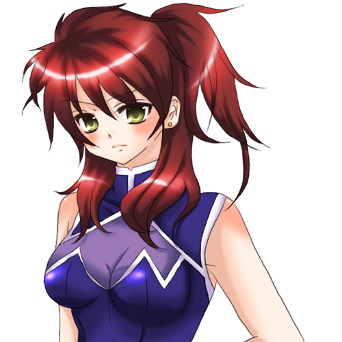 blush breasts cleavage freckles gundam gundam_00 honeylip lowres nena_trinity red_hair redhead see-through yellow_eyes