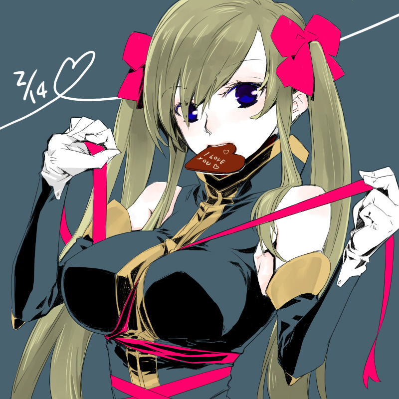 blue_background blue_eyes breasts brown_hair chocolate chocolate_heart detached_sleeves gloves hair_ribbon hair_ribbons heart heart_of_string large_breasts long_hair michiko_(artist) mouth_hold ribbon ribbons tales_of_(series) tales_of_the_abyss tear_grants twintails valentine