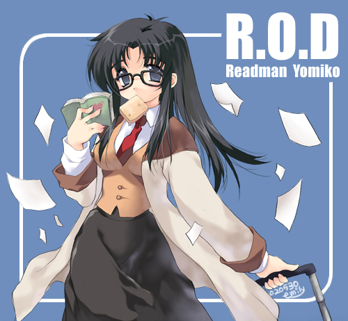 emily_(pure_dream) flying_paper glasses lowres mouth_hold necktie paper read_or_die reading toast toast_in_mouth yomiko_readman