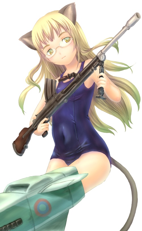 blonde_hair glasses gun long_hair one-piece_swimsuit perrine_h_clostermann sabamu school_swimsuit strike_witches swimsuit tail weapon yellow_eyes