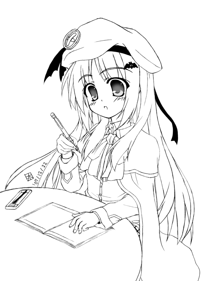 hat large_buttons little_busters! little_busters!! long_hair monochrome noumi_kudryavka otamon