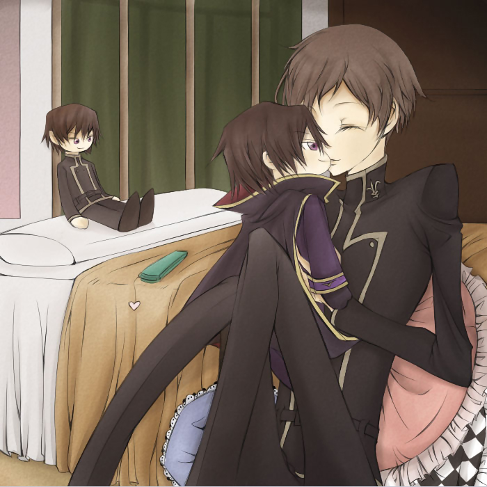 brown_hair closed_eyes code_geass creepy kiss male plush rollo_lamperouge rolo_lamperouge room smile