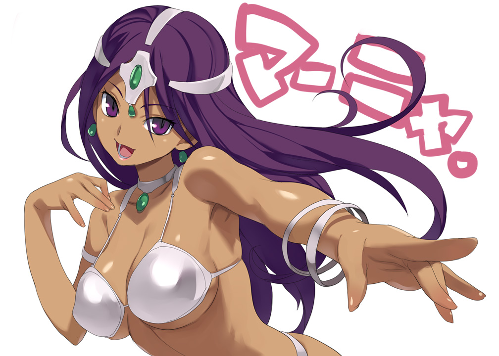 armpits bikini bracelet breasts dark_skin dragon_quest dragon_quest_iv earrings jewelry long_hair manya necklace nora_higuma open_mouth purple_eyes purple_hair solo swimsuit violet_eyes