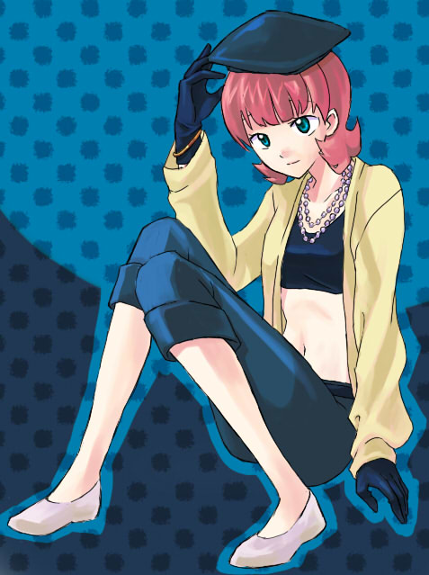 capri_pants gloves green_eyes gundam hat jacket jewelry midriff navel necklace pants pink_hair sarah_zabiarov shoes short_pants sitting solo zeta_gundam