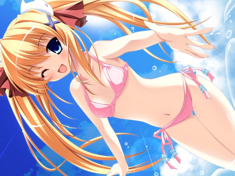 blonde_hair blue_eyes blush cloud dutch_angle flat_chest game_cg hair_ribbon hands hare_hare_harem inuhiko jpeg_artifacts komatsugawa_alice long_hair outstretched_hand reaching ribbon side-tie_bikini sky solo splash swimsuit twintails wink