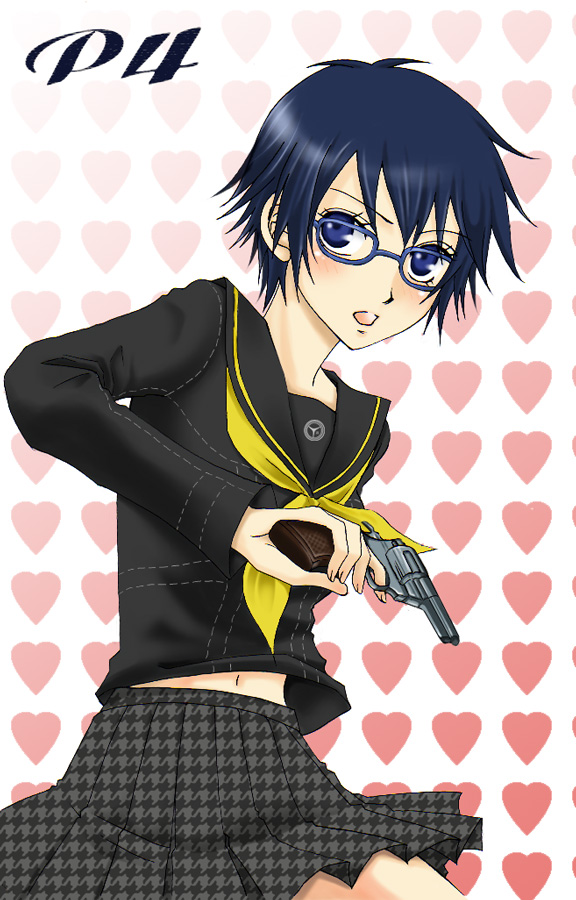 bad_id blue_eyes blue_hair blush glasses gun heart houndstooth persona persona_4 reverse_trap school_uniform serafuku shirogane_naoto short_hair skirt takemichi weapon