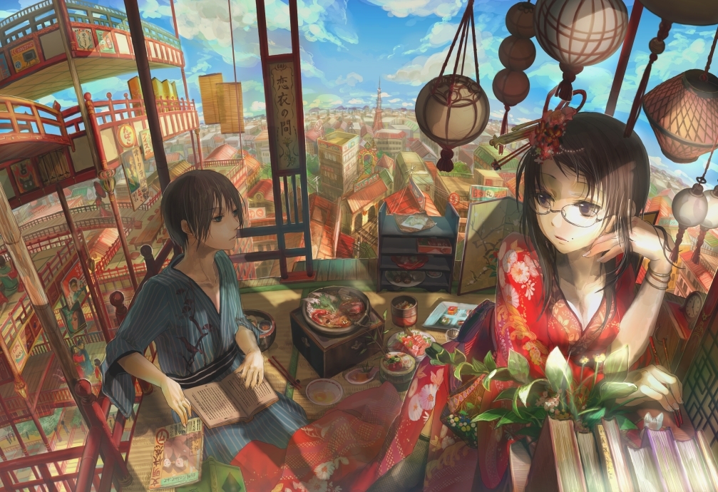 brown_hair cityscape fuji_choko glasses hair_ornament hairpin japanese_clothes kimono lantern mole original scenery side_slit sukiyaki thigh-highs thighhighs yukata