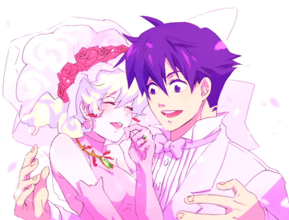 1boy 1girl bow_tie bowtie bridal_veil bride couple dress earrings flower formal gloves happy hetero jewelry necklace nia_teppelin purple_eyes purple_hair ring rose roses sako simon smile suit tengen_toppa_gurren_lagann veil violet_eyes wedding wedding_dress white_hair